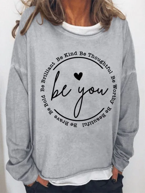 Be You Women Long Sleeve Round Neck Letter Print Fake Two-Piece Top Sweatshirt