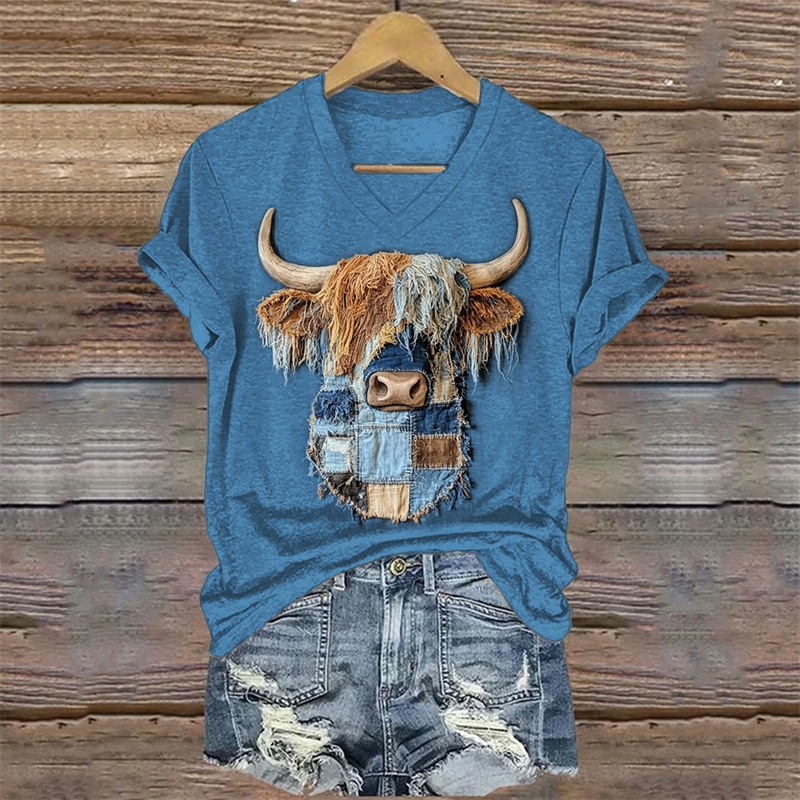 Vintage Highland Cow Denim Art V Neck T Shirt