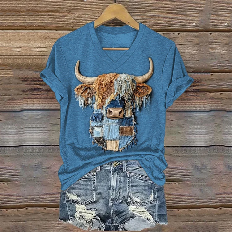 Utbros Vintage Highland Cow Denim Art V Neck T Shirt