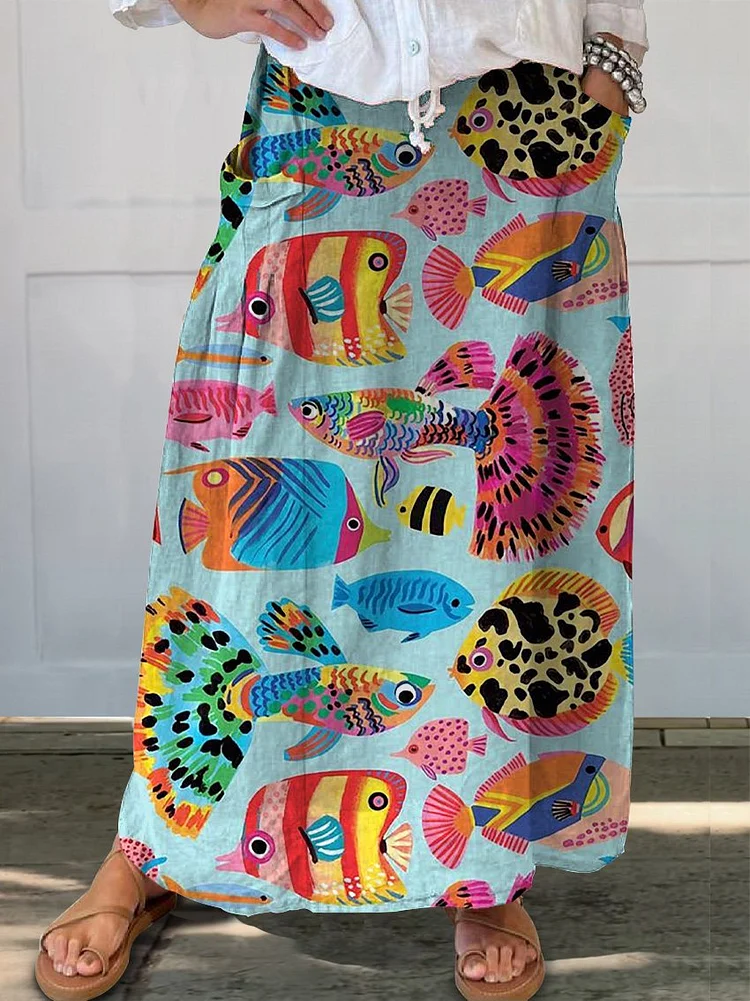 Cartoon Tropical Fish Pattern Printed Women's Linen Pocket Skirt