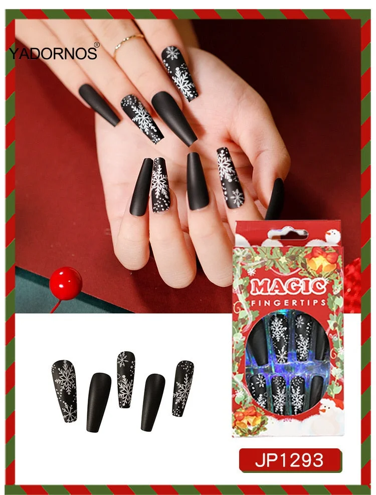 24pcs Christmas Stickers On Nails Patch Glue Type Removable Long coffin Paragraph Fashion Manicure free shipping press on nails-Nail Inspo