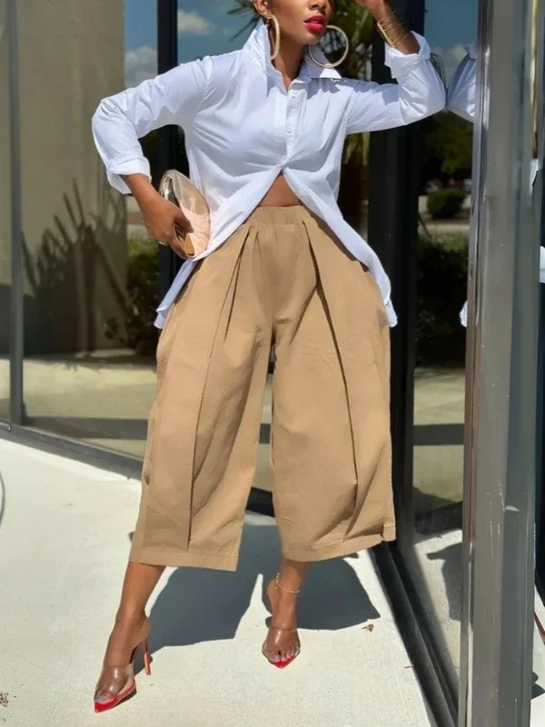 Loose Solid Color Capri-Pants Cropped Trousers