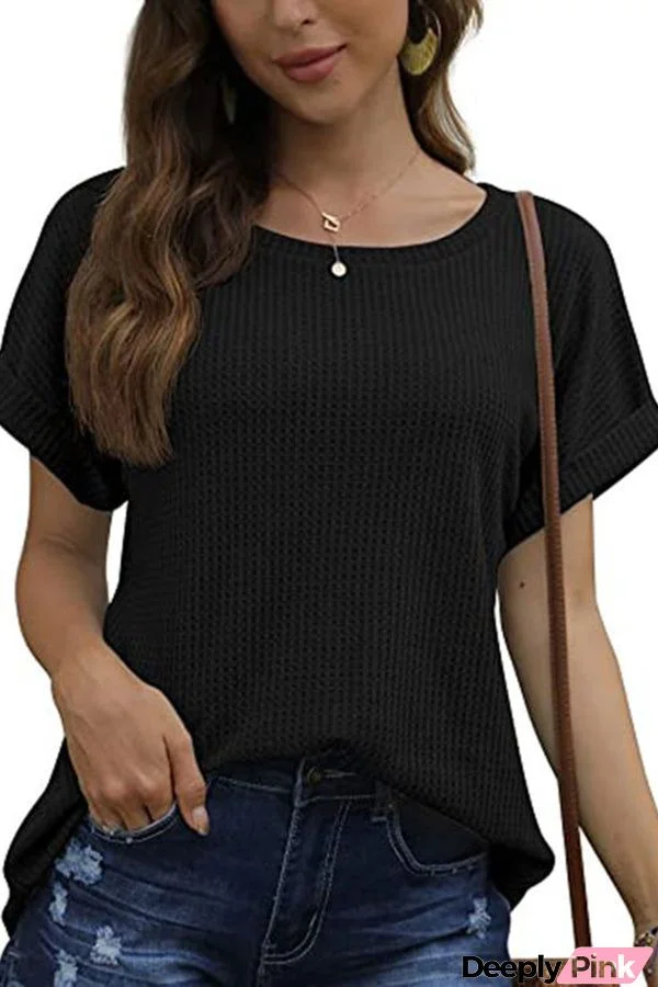 Round Collar Waffle Short Sleeve Hem Loose T-shirt Top