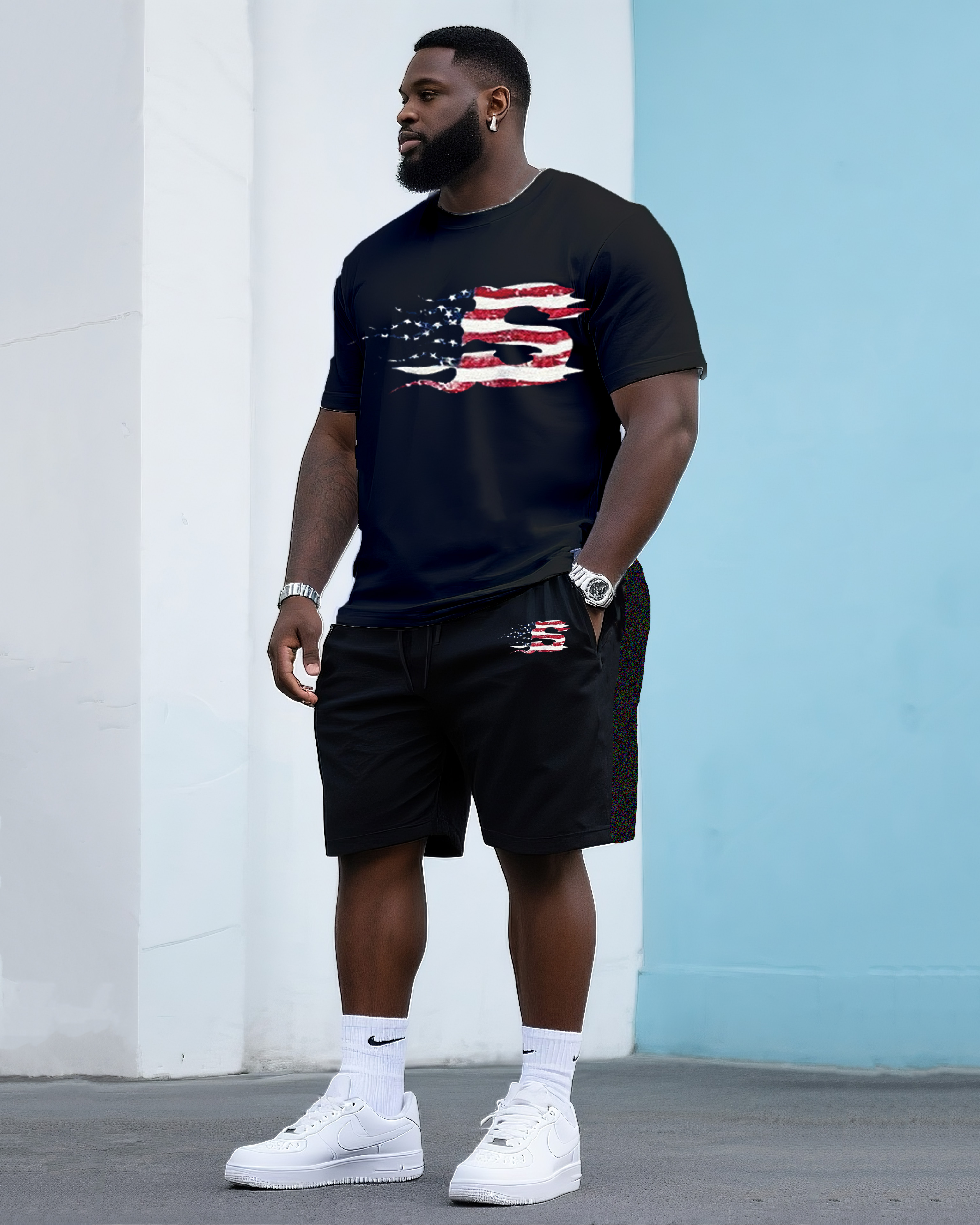 Big & Tall Men's Original Patriotic Flame Print Independence Day Crewneck T-Shirt Shorts Suit