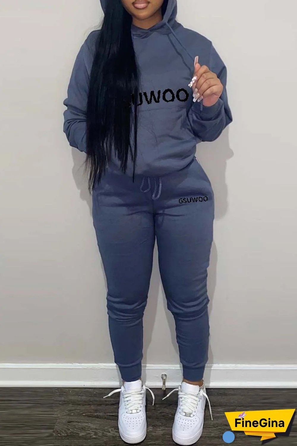 Khaki Casual Letter Print Basic Hooded Collar Long Sleeve Two Pieces