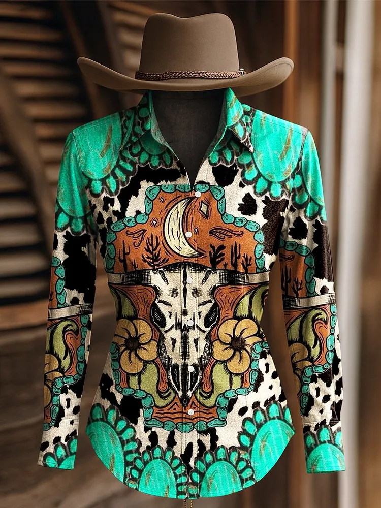 Women's Vintage Jewel Bull Head Floral Print Western Long Sleeve Shirt 