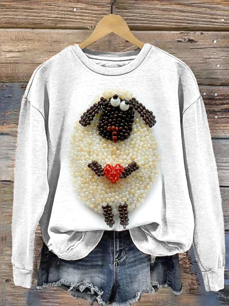 Wearshes Sheep Beaded Embroidery Casual Cozy Sweatshirt