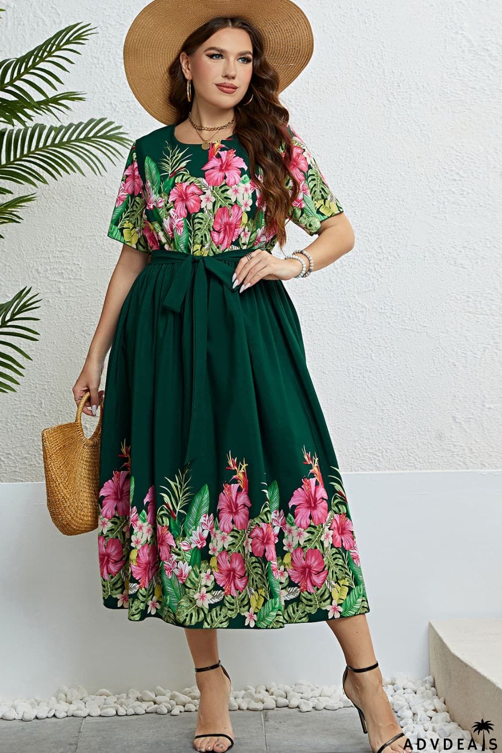 Floral Tie-Waist Round Neck Dress