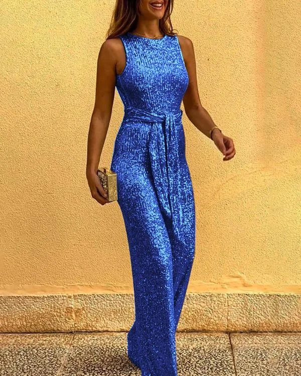Glitter Round Neck Sleeveless Backless Sequins Jumpsuits