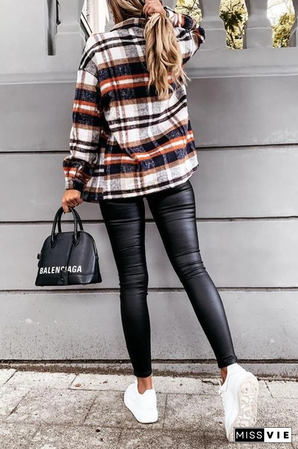 Woolen Lattice Big Pocket Shirt Coat