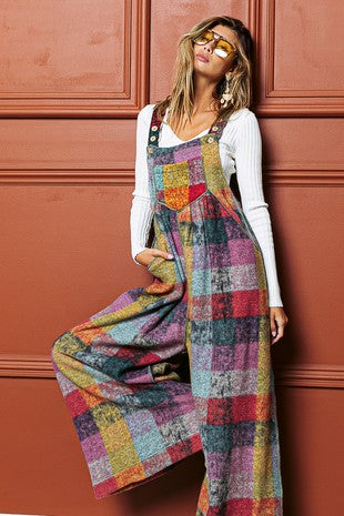 Vintage Brushed Checkered Overalls in Lavender Multi