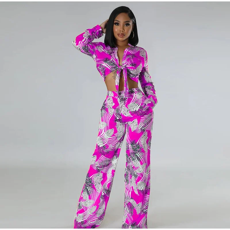 Sonicelife 2023 Autumn New Fall Outfits Fashion Printed Pants Two Piece Set For Women Lapel Long Sleeve Lace-up Shirt Top Loose Pant Suit Casual Lady Outfit
