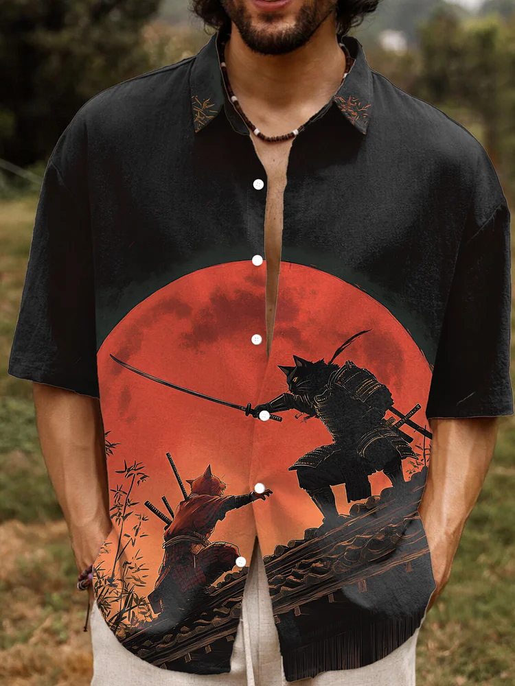 Men's Samurai Cat Blood Moon Battle Art Print Casual Shirt