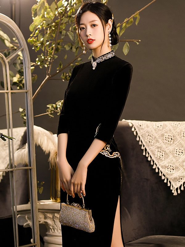 Original Applique Stand Collar Long Cheongsams