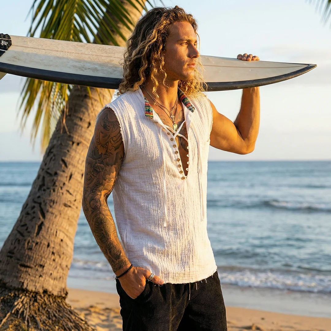 Linen V-neck Drawstring Vest With Ethnic-style Ribbon Patchwork Design, Sleeveless V-neck Top-inspireuse