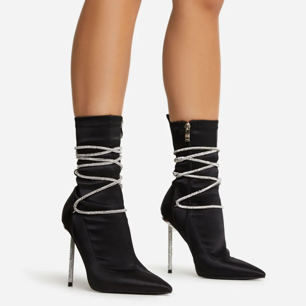 Full Black Pointed Toe Sock Boots Satin Stiletto Heel Strappy Calf Boots Nicepairs