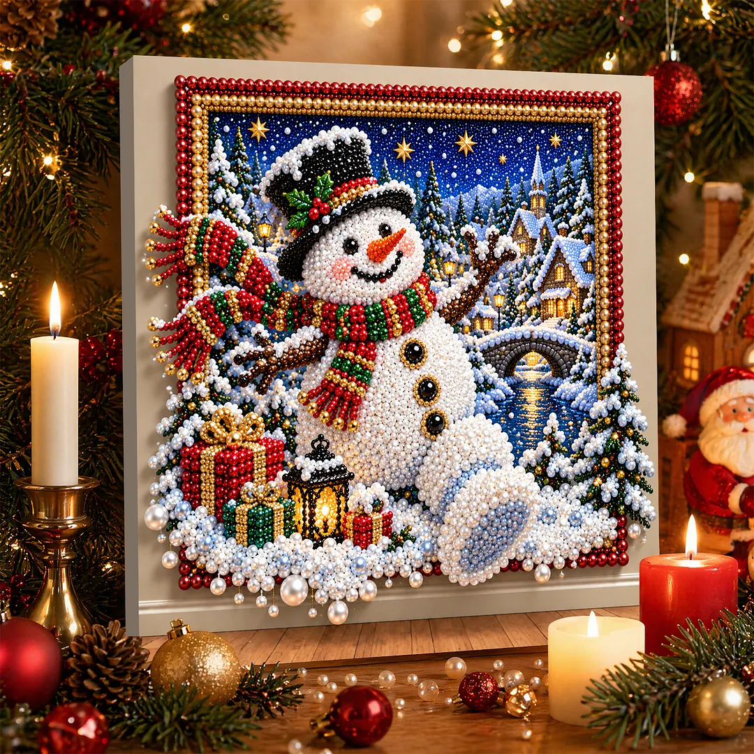 Framed Pearl Painting Kit Snowman Scene for Adults 30x30cm
