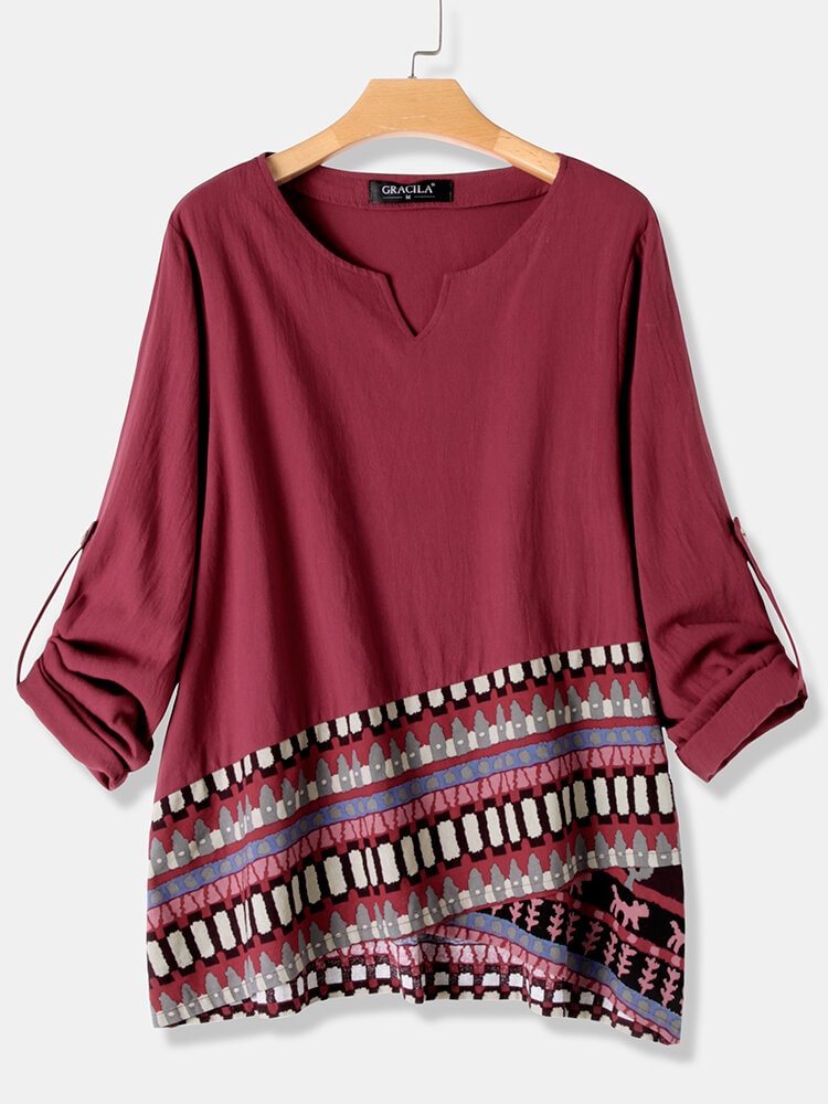 Cross Wrap Ethnic Print Patchwork Long Sleeve Vintage Blouse P1627409