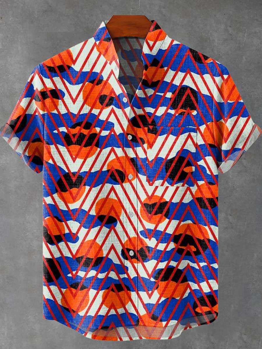 Abstract Art Line Geometry Vintage Print Casual 100% Cotton Shirt