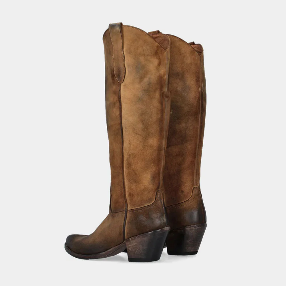 Distressed Vegan Leather Snip Toe Brown Western Boots for Women 