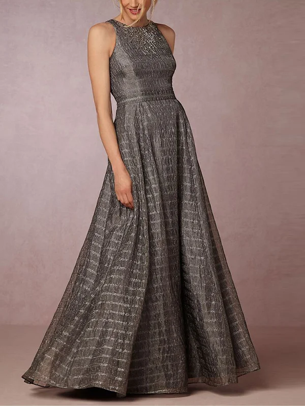 Round Neck Sleeveless Beaded Solid Color Maxi Dress