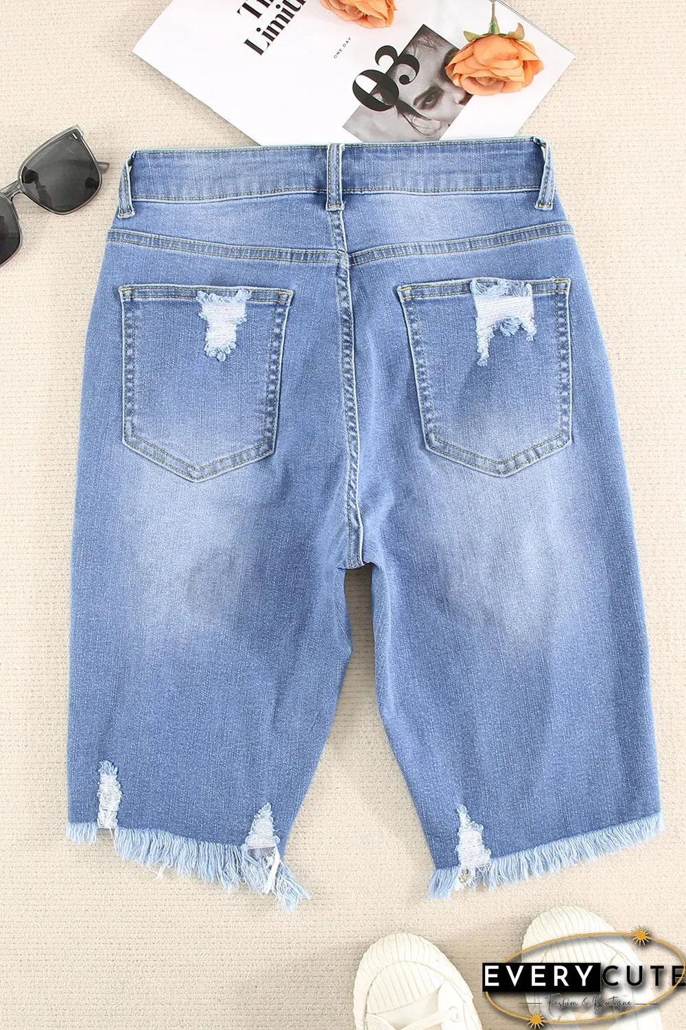 Sky Blue Ripped Tassel Bermuda Jean Shorts