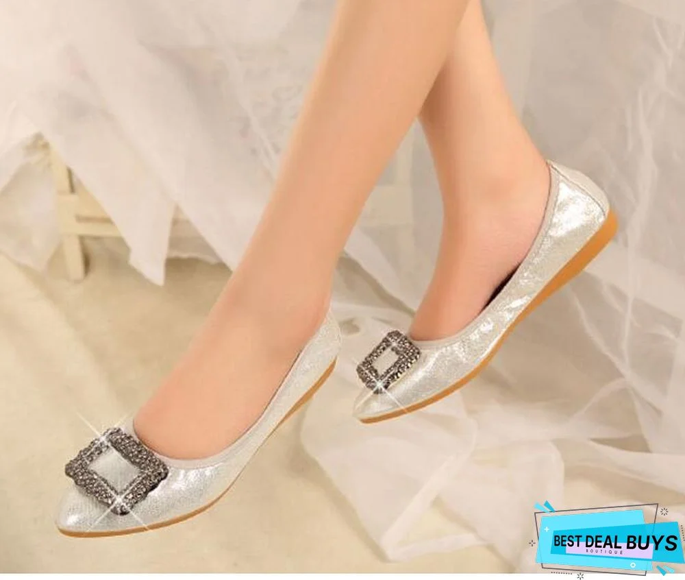 Crystal Ballet Flat Shoes Rhinestone Women Butterfly Pointed Toe Golden Shoes Flats