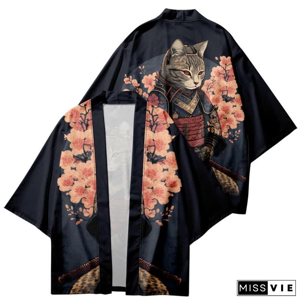 Vintage Cat Warriors Print Cardigan Kimono Outerwear