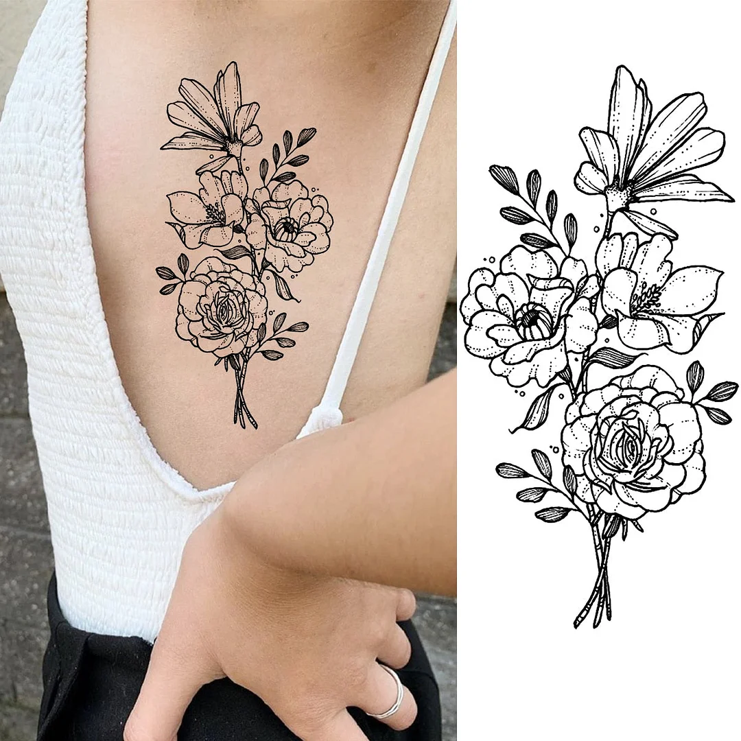 Black Lotus Pendant Temporary Tattoos For Women Adult Rose Flower Jewelry Fake Tattoo Fashion Calf Waterproof Half Sleeve Tatoos