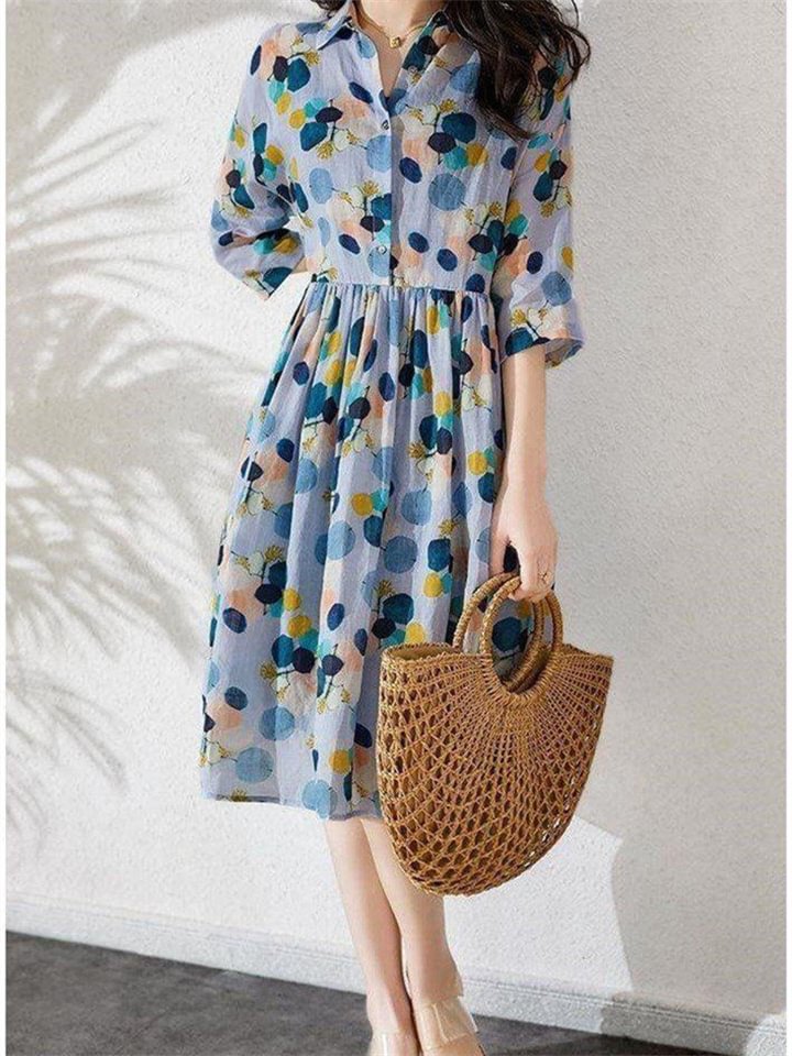 Broken Flower Wave Point Dress Receives Waist To Show Thin In Temperament Long Skirt Shirt | EGEMISS