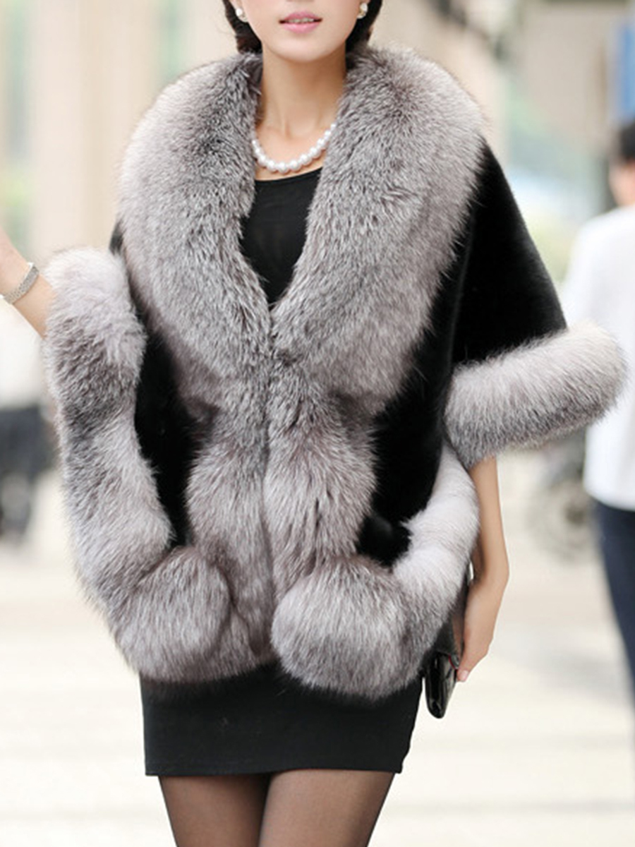 Luxury Faux Fur Collar Cape Sleeve Coat - SissiStyles.com