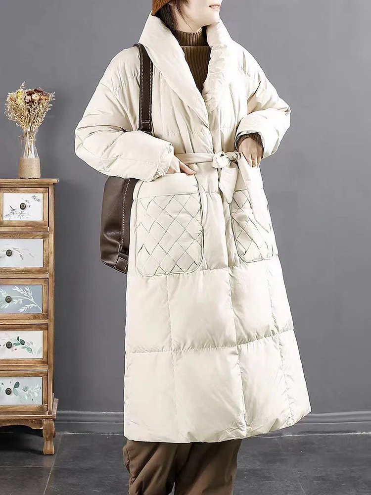Women Winter Vintage Solid Drawstring Pocket Down Coat