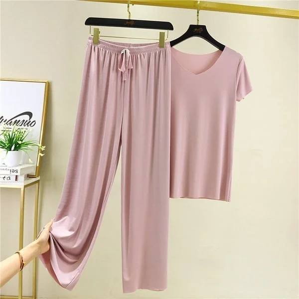 Soft comfortable Ice Silk Short Sleeve T-Shirt Two Piece Set loose wide leg pants