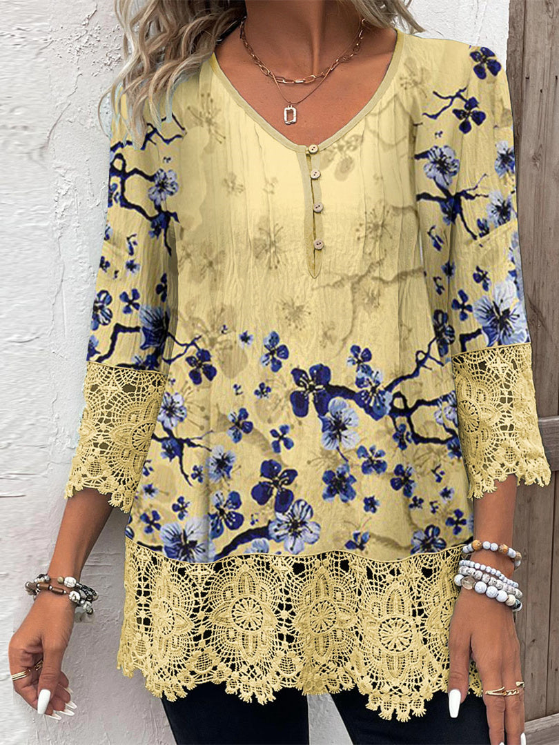 Women Long Sleeve V-neck Graphic Floral Printed Top