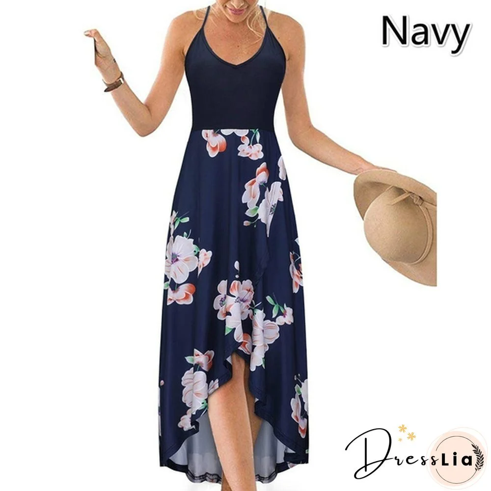 Women&rsquo;s Fashion Summer Casual Floral Printed V-Neck Sling Dress High Waist Big Swing Dress Backless Dress