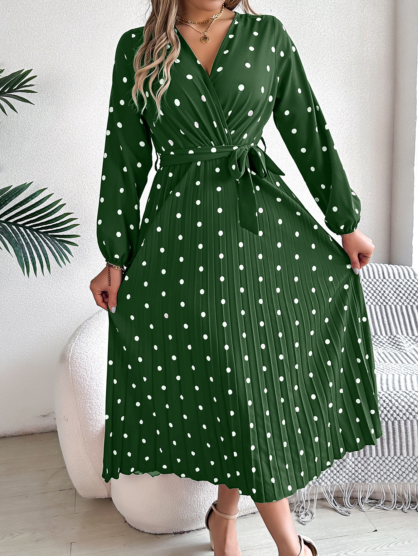 Searchwombat Women's Elegant V-neck Long Sleeve Contrast Color Dot Cross Pleated High Waist Long Dress Autumn Winter Polka Dot Swing Dress