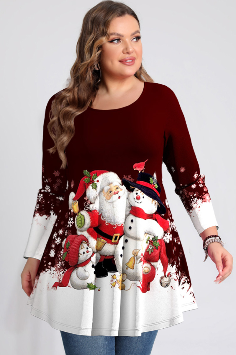 Flycurvy Plus Size Christmas Casual Burgundy Pleated Print Long Sleeve T-Shirt