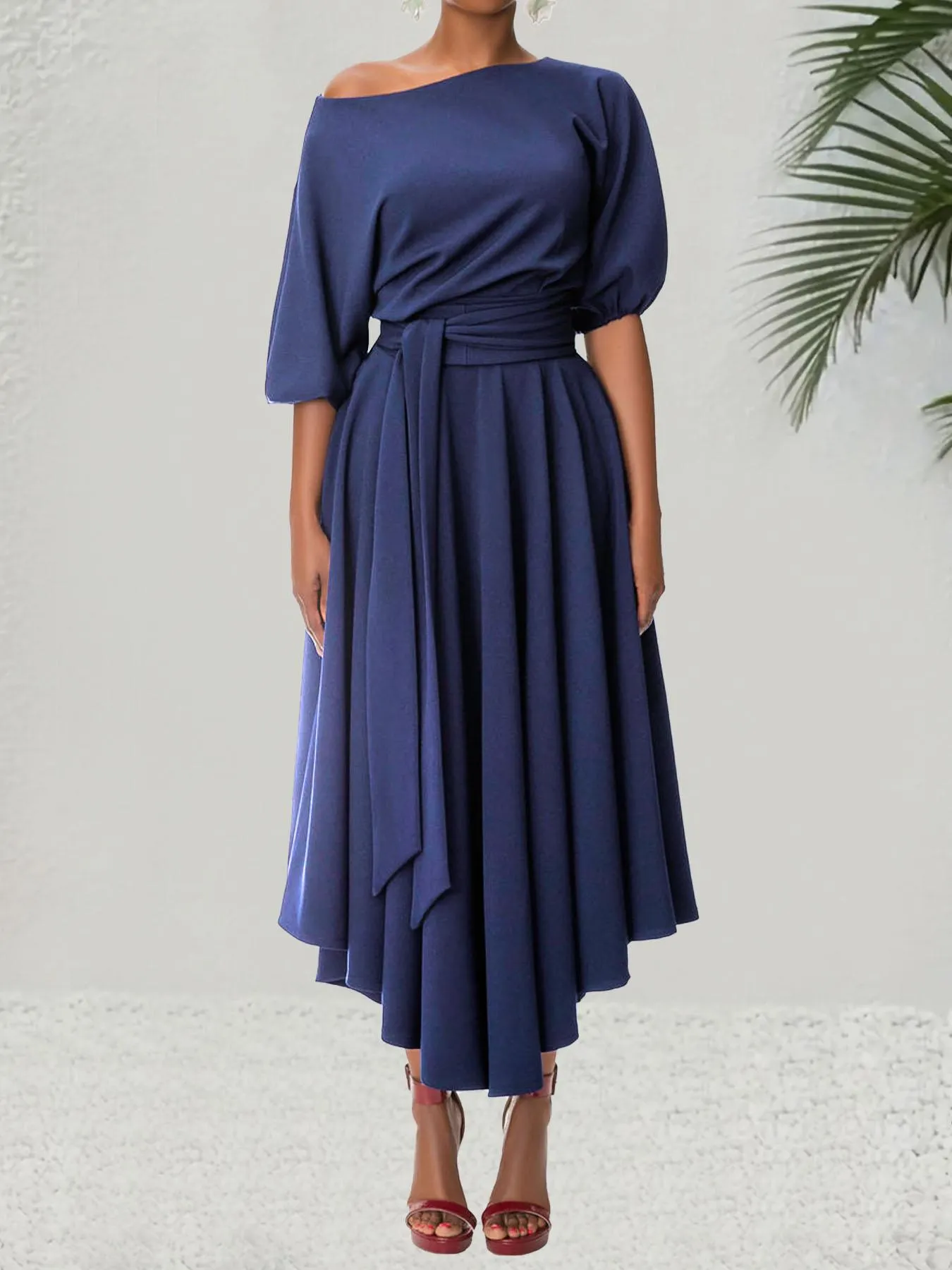 Women's Plain Belted Split Boat Neck Dress, Elegant Bishop Sleeve A Line Dress for Summer, Summer Outfits 2024, Fashion Women's Dress for Casual Daily Wear, Womenswear Women's Plain Belted Split Boat Neck Dress, Elegant Bishop Sleeve A Line Dress for Summer, Summer Outfits 2024, Fashion Women's Dress for Casual Daily Wear, Womenswear