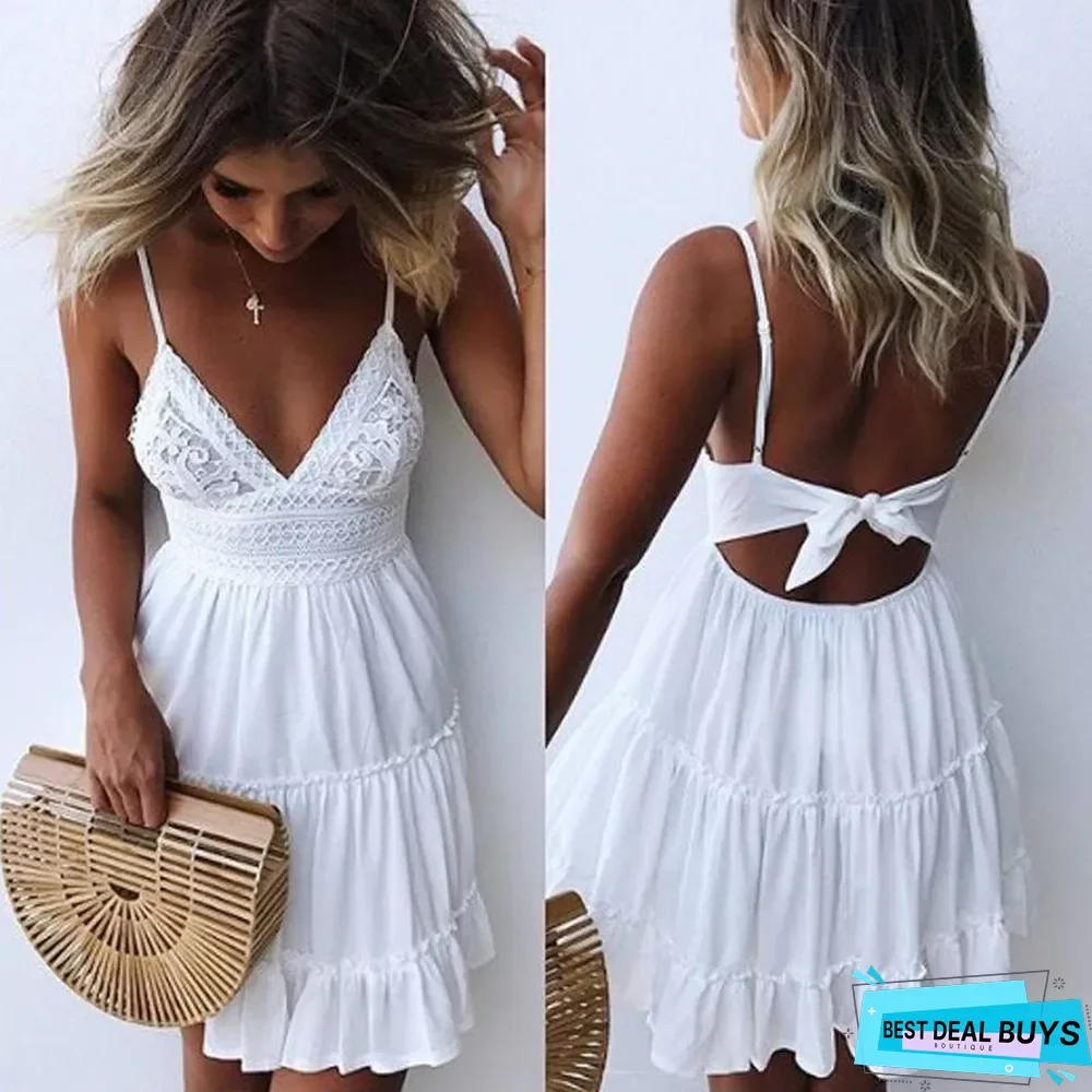 Women Lace Sexy Backless V-Neck Beach Dresses Sleeveless Mini Sundress White Dresses
