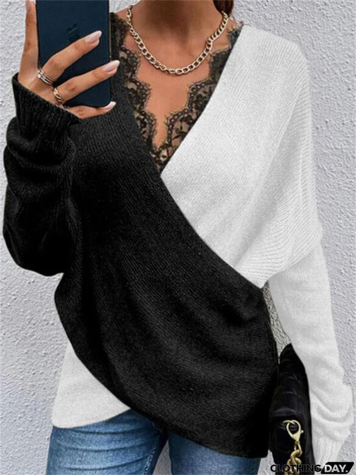 Women's Elegant Lace V Neck Cross Contrast Color Pullover Sweaters