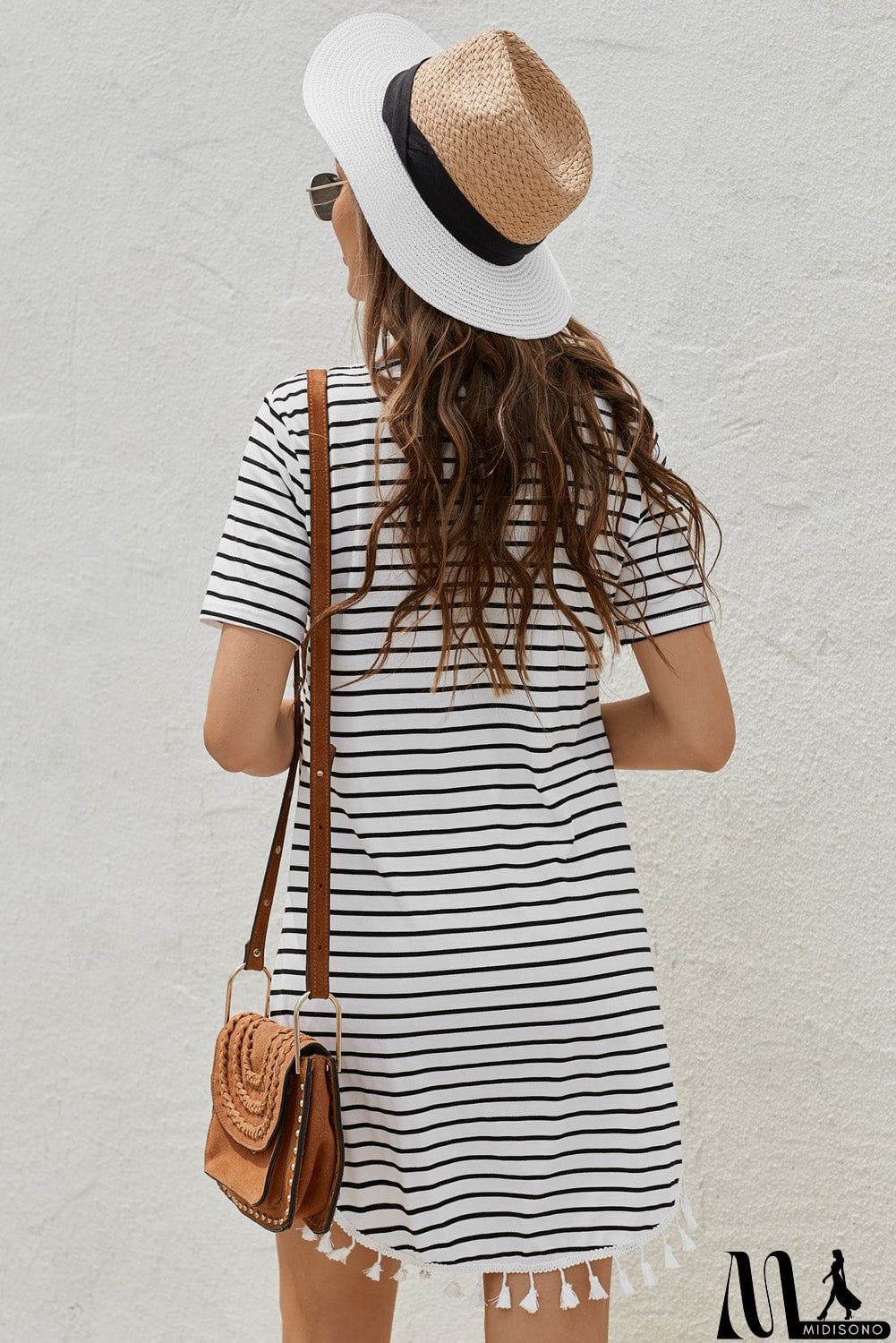 MidiSono - Crew Neck Striped T-shirt Mini Dress with Tassel