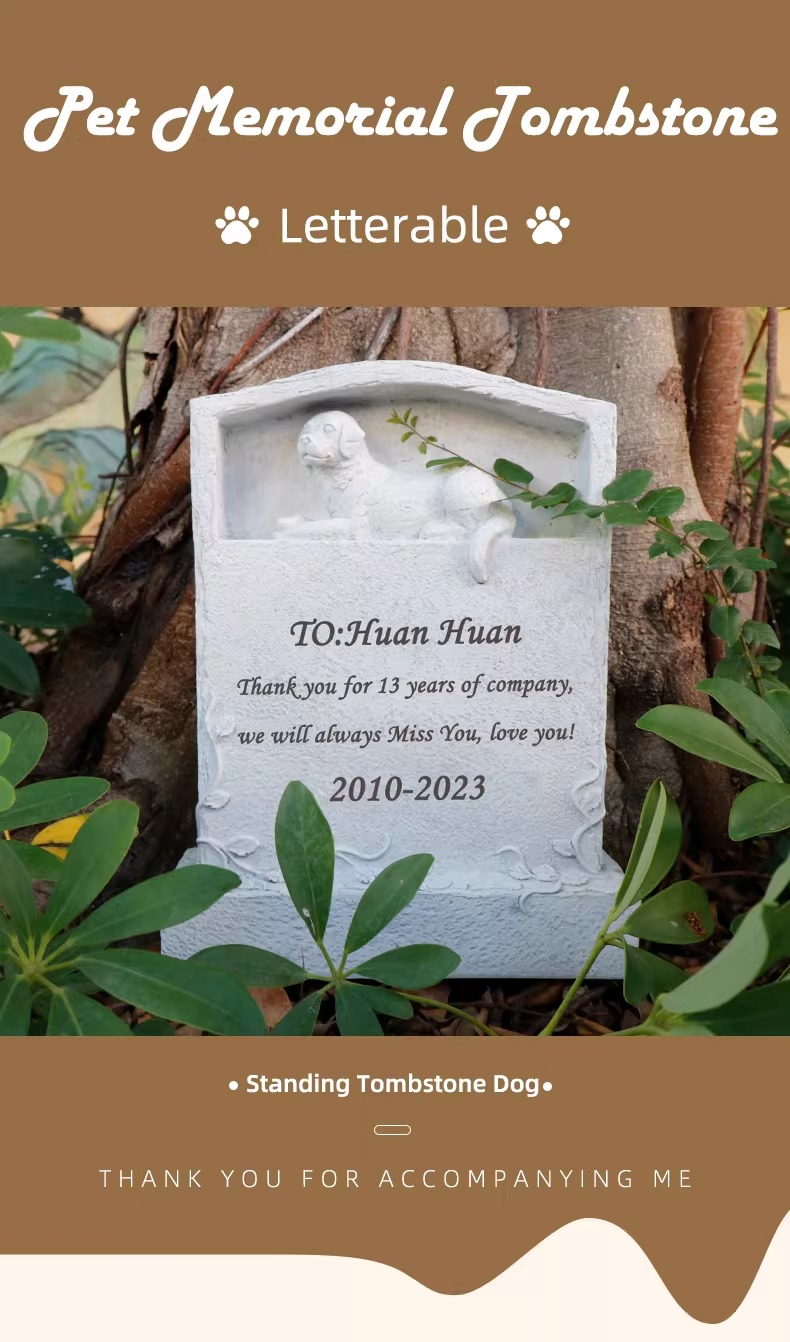 Custom carved resin dog tombstone in the garden 

Pet tombstone with name and date - Outdoor display 

Close-up texture of weather-resistant pet memorial stone 

Personalized dog tombstone