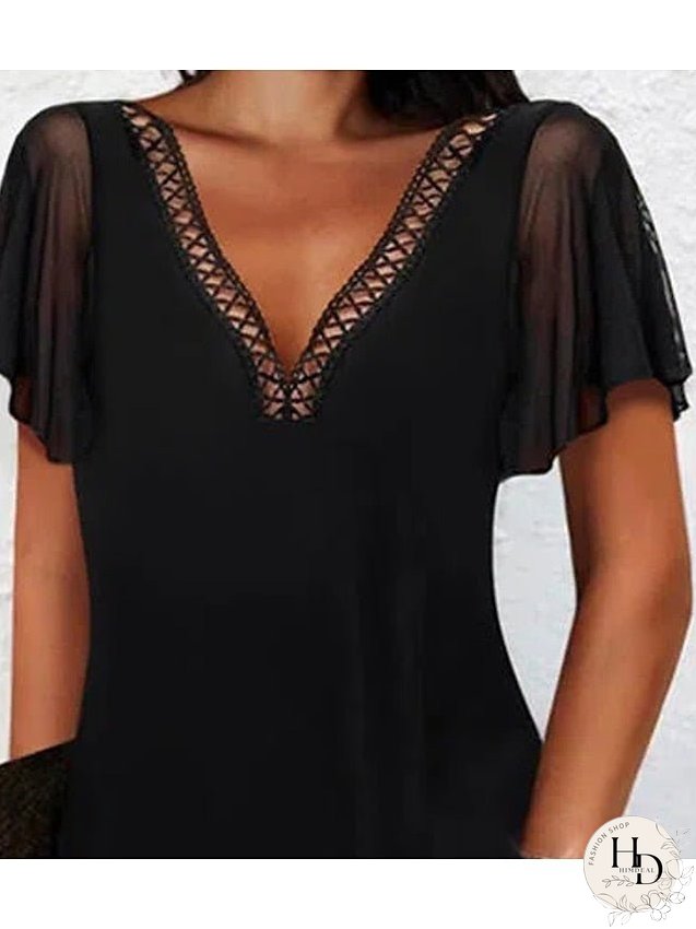 Casual Dress Lace Dress Mini Dress Black Short Sleeve Pure Color Hollow Out Summer Spring V Neck Modern S M L XL 2XL 3XL for Women