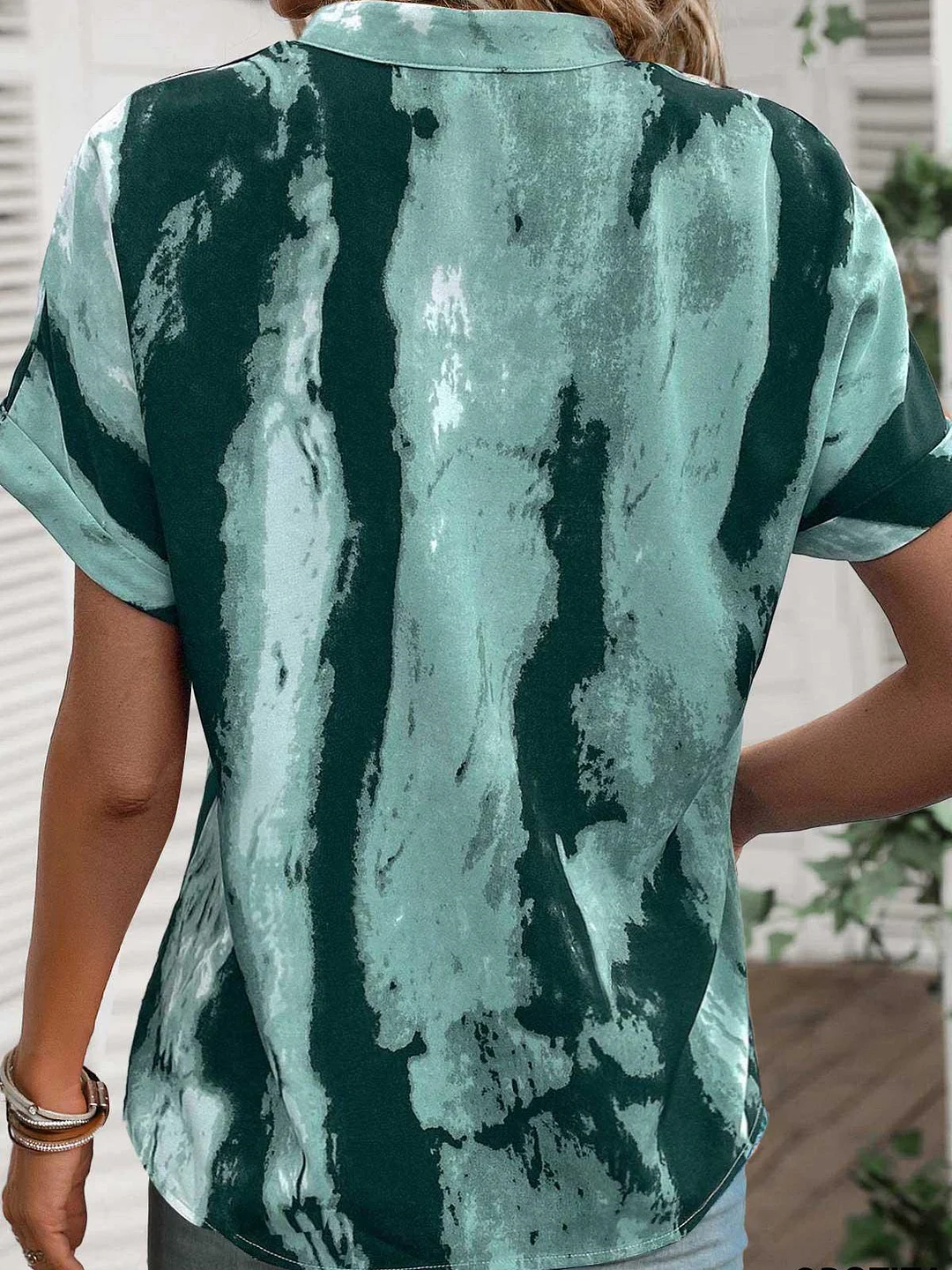 Women Short Sleeve V-neck Striped Printed Graphic Button Tops