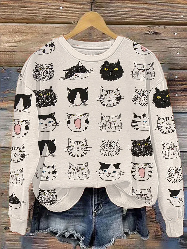 Funny Cat Faces Japanese Art Print Casual Sweatshirt
