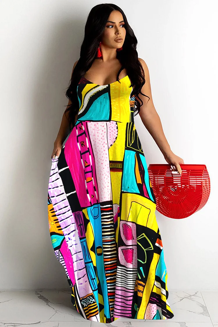 Xpluswear Design Plus Size Ankara Vacation Multicolor V Neck Cami Pocket Sundress Maxi Dresses