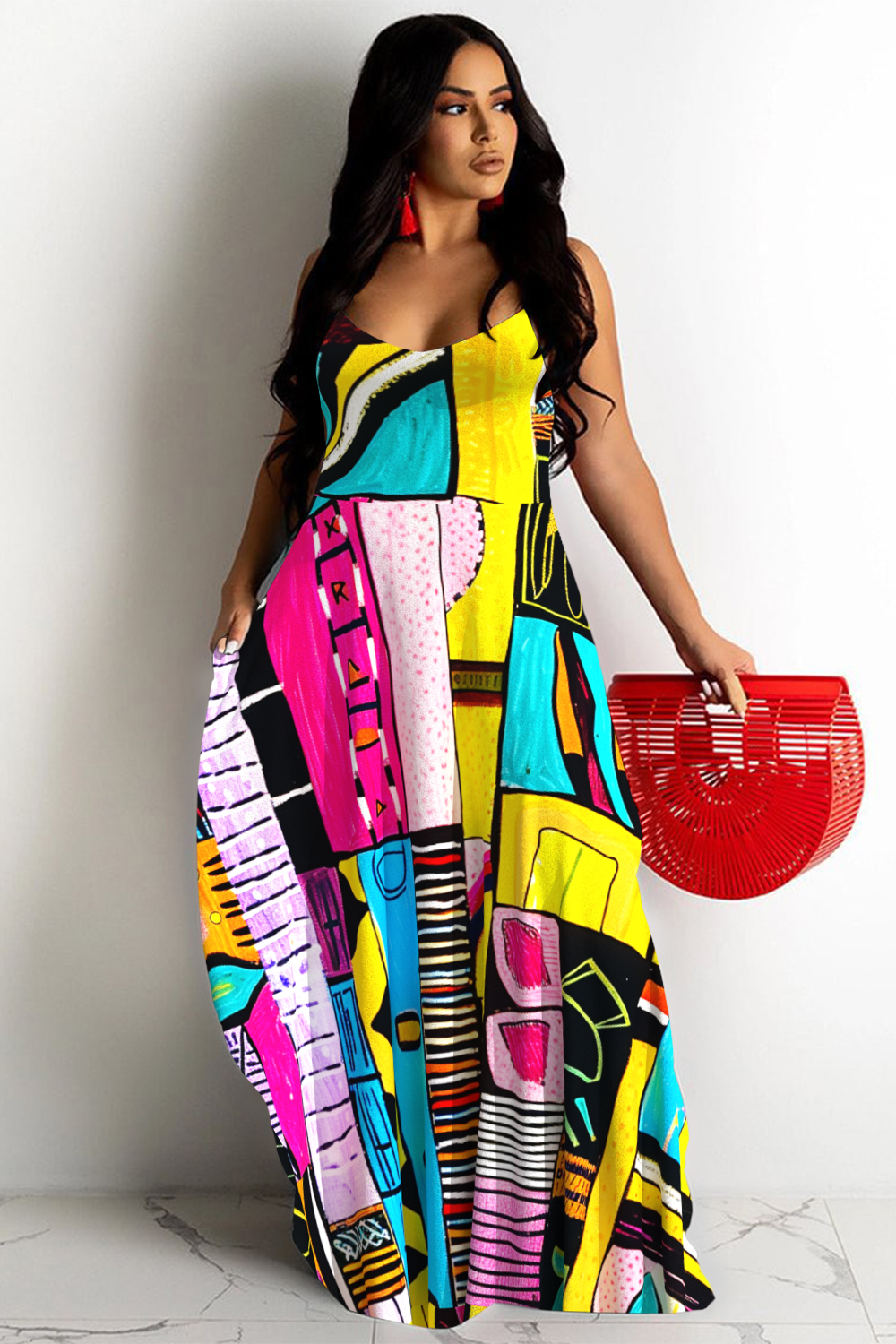 Design Plus Size Ankara Vacation Multicolor V Neck Cami Pocket Maxi Dresses [Pre-Order]