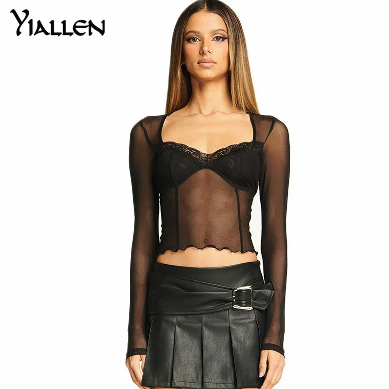 Yiallen Vintage Y2K Lace Crop Top Long Sleeve See Through Sexy Mesh Woman T-shirts V Neck Splicing Sexy Slim Tops Party Dress