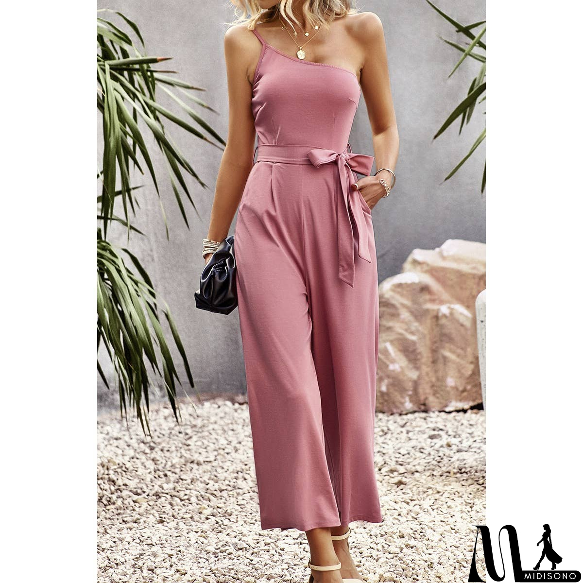 MidiSono - One Shoulder Belt Knot High Waist Jumpsuit