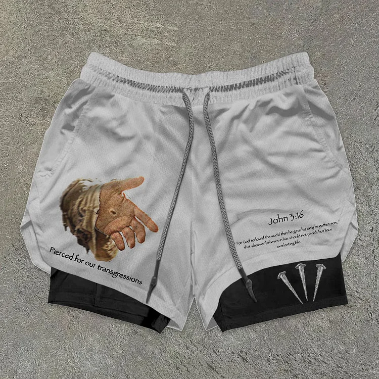 "Pierced" Cropped Print Graphic Double Layer Men's Gym Shorts